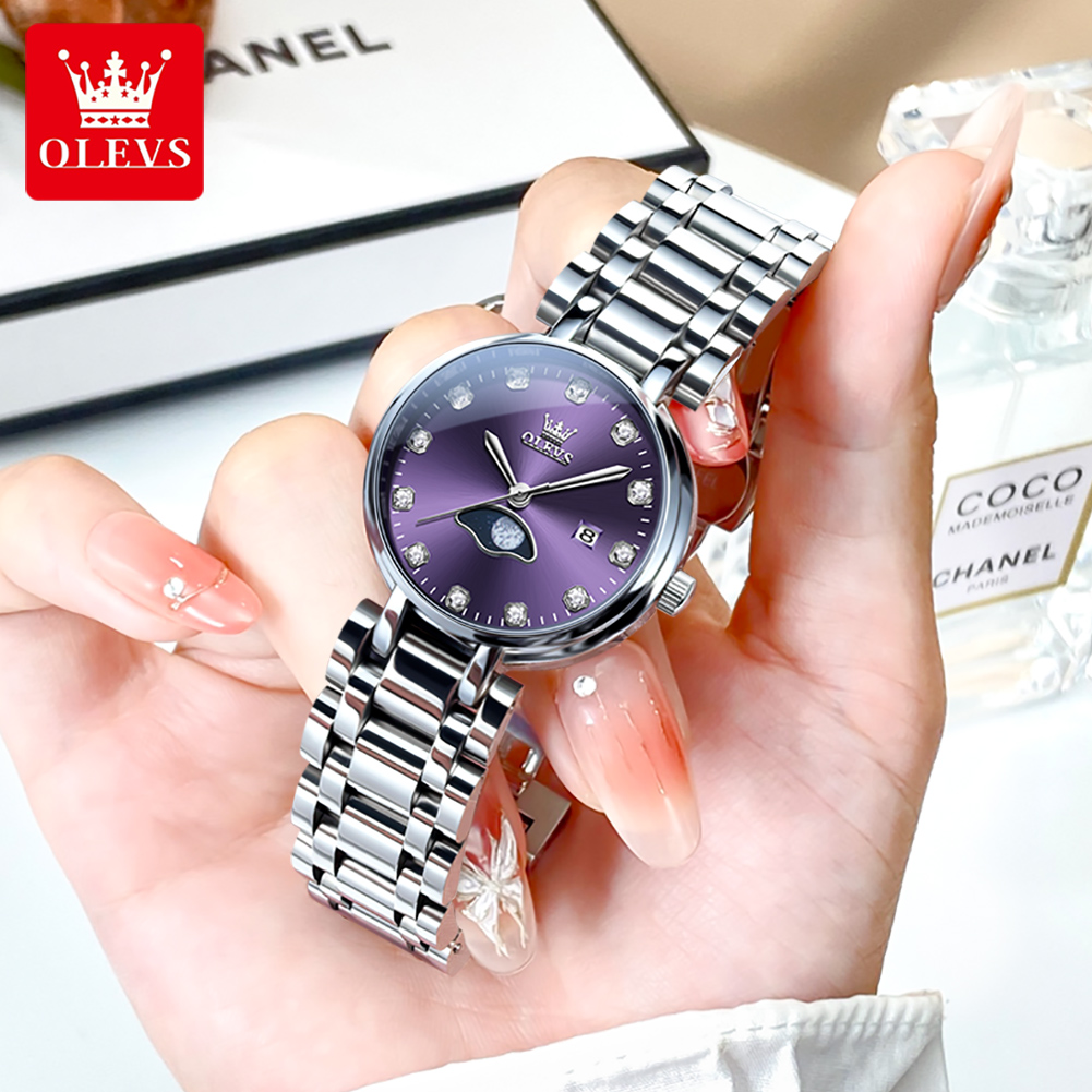 Luxury Watch Moon Phase - OLEVS Elegant mode paars strass wijzerplaat