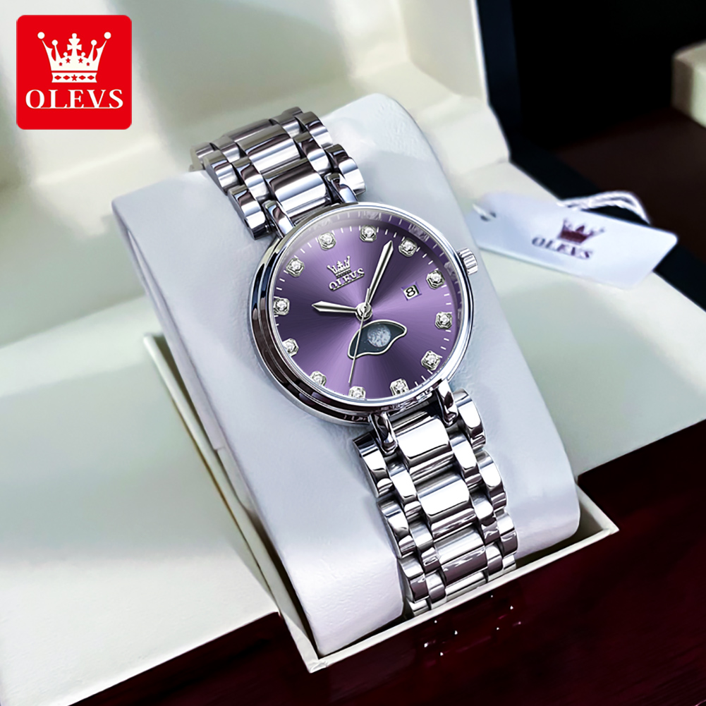 OLEVS Elegant mode paars stras - Luxury Watch Moon Phase recensie en prijs